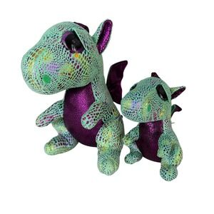 Ty Beanie Babies Cinder Dragon Plush Set Glitter Sparkle Green Purple Two Sizes